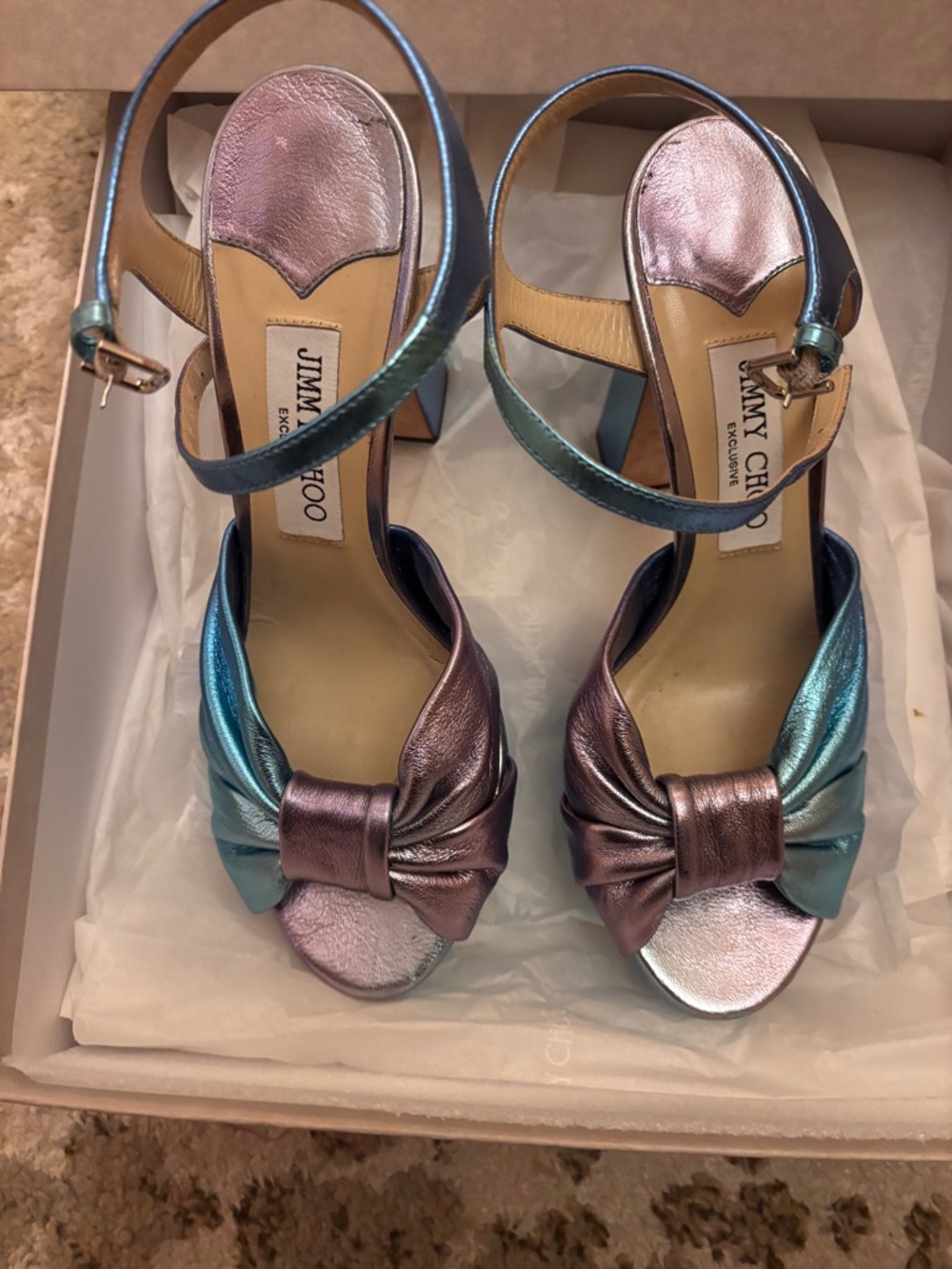 Jimmy Choo Iridescent Knot-Front Sandals in Teal & Lilac